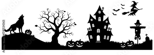 Halloween silhouette banner with haunted house, witch, howling wolf, and pumpkins.