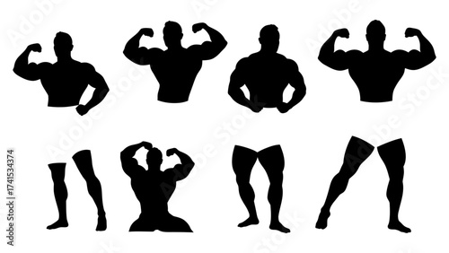 Bodybuilder Silhouette Set.Muscular Men Flexing Poses Collection, Fitness Vector Icons.