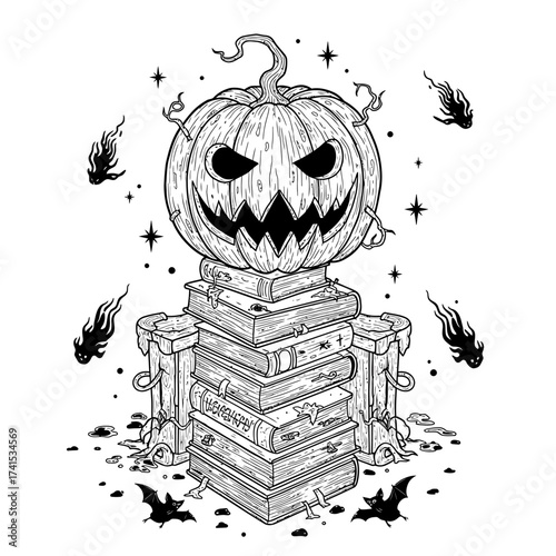 Pumpkin Spell Book with Magic Flames – Fantasy Halloween Illustration in Monochrome Style