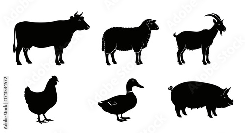 Set of farm animal silhouettes and livestock vector shapes