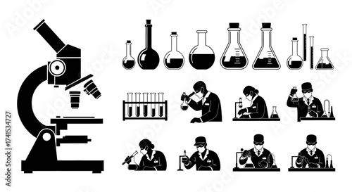 Scientific Laboratory Equipment and Researcher Silhouettes