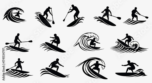 Summer Water Sports Surfer and Paddler Silhouette Set