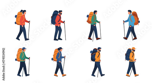 Set of Male Hiker Characters with Backpacks and Poles