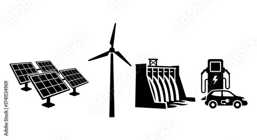 Renewable Energy Sources and Electric Vehicle Icons Set