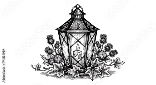 Vintage Lantern with Floral Arrangement – Elegant Holiday Candlelight Line Art Illustration