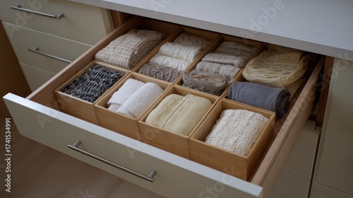 Organized drawer with neatly folded towels and textiles in soft neutral colors