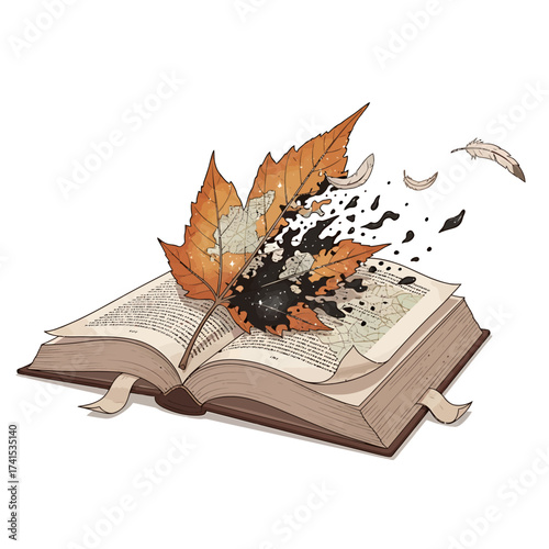 Enchanted Book with Burning Autumn Leaf – Magical Fantasy Literature Illustration