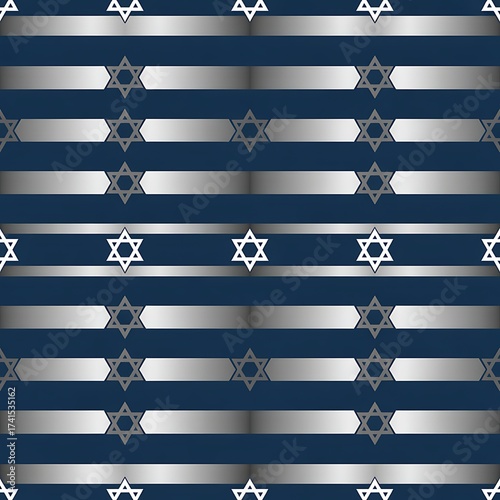 Seamless pattern of silver star of david symbols on a dark blue background with horizontal silver stripes