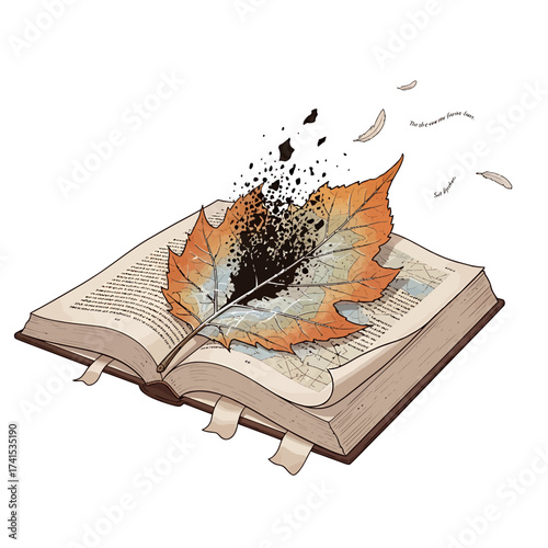 Enchanted Open Book with Burning Leaf – Magical Literature and Fantasy Illustration