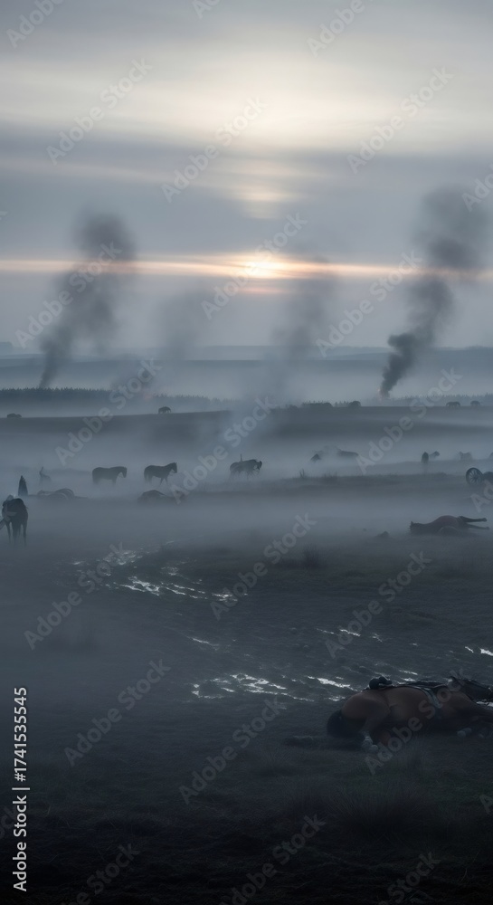 Naklejka premium Battlefield after war during foggy sunrise. Devastation and destruction of armed conflict with dead horses. Military concept.