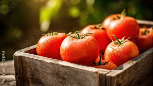 Freshly harvested tomatoes in rustic wooden box