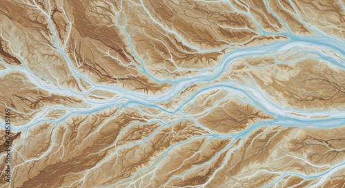 Tie dye aerial view of a braided river system with turquoise water flowing through arid, sandy terrain for commercial usage