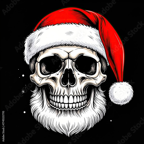 Festive Skull - A Grim Christmas Celebration with Santa Hat and Beard.