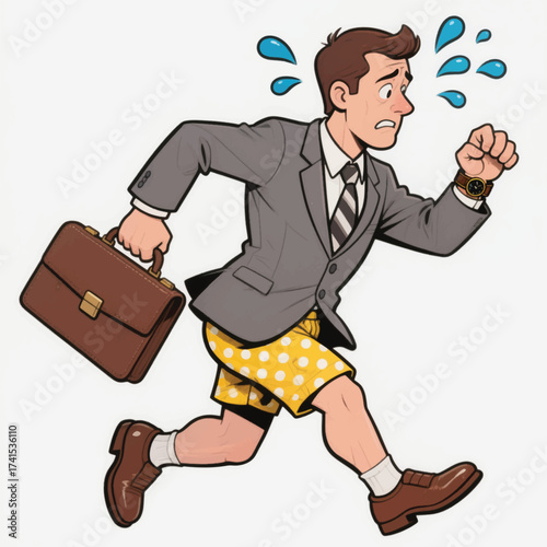 Cartoon man in business attire running late isolated on white background