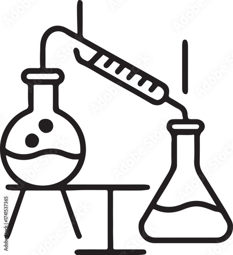 Simple line art illustration of a distillation apparatus in a laboratory setting