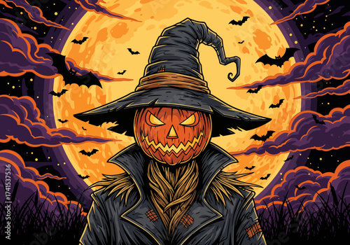 Spooky Halloween Jack-o'-Lantern Scarecrow Under Full Moon