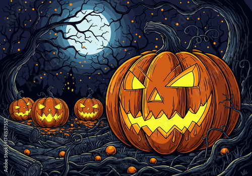 Spooky Halloween Night: Jack-o'-lanterns under Full Moon