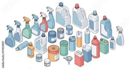 Collection of various cleaning product bottles and spray containers for household use
