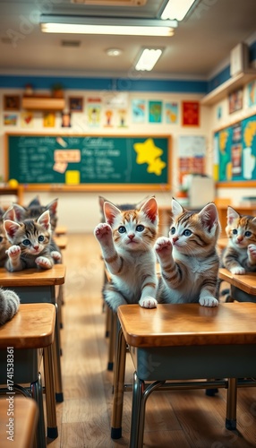 A row of bright-eyed tabby kittens sitting at wooden school desks in a colorful classroom, some with paws raised as if answering a question, a blackboard and educational posters adorning the walls.