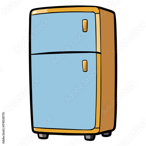 Refrigerator with blue finish and yellow accents on transparent background