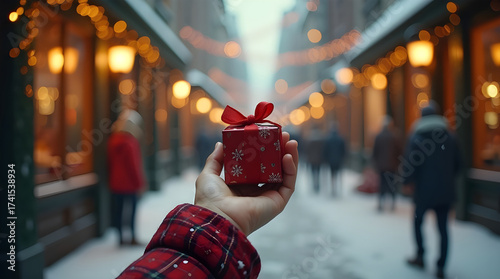 POV walking shot of a woman hand in red plaid sleeve holding a small Christmas gift box with ribbon on snowy festive city street with warm lights, winter holiday celebration and seasonal background