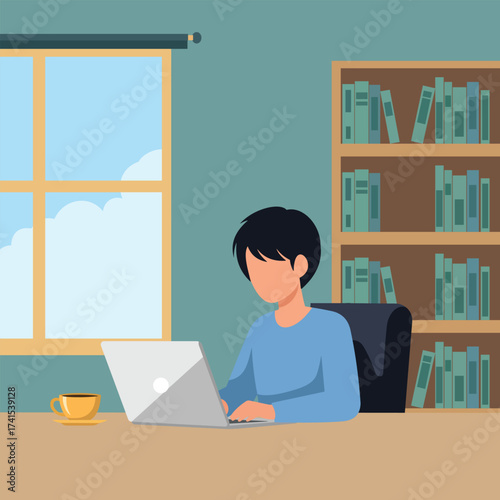 Freelancer Working Remotely on Laptop  flat style illustration