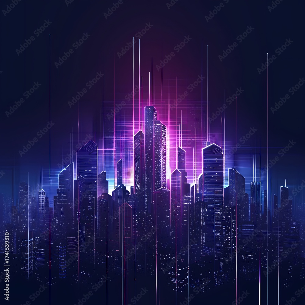 Fototapeta premium Futuristic urban cityscape with vibrant neon illumination and ascending lines
