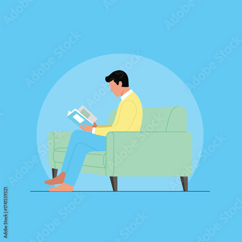 Man Reading a Book on Sofa flat style illustration