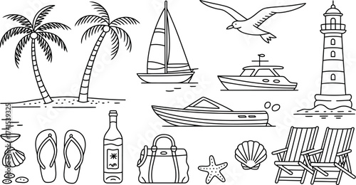 Illustration of beach vacation elements, , in line art style