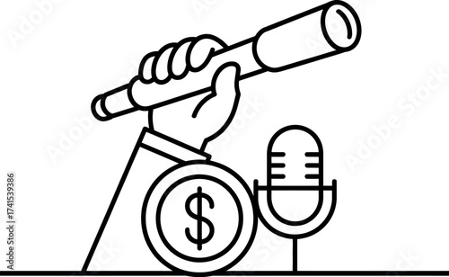 Illustration of a hand holding a spyglass over a coin and microphone