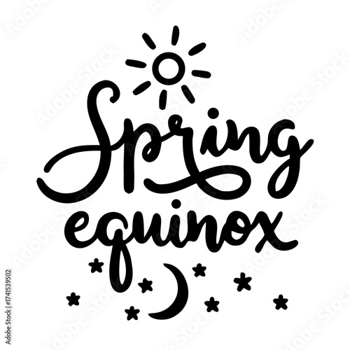 Handwritten lettering of "Spring Equinox" with sun and moon design