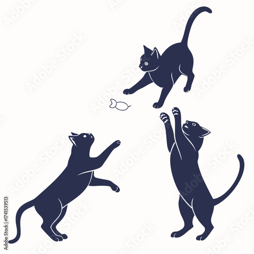 Whimsical Feline Frolic A Trio of Playful Cats in Pursuit of a Toy Mouse in this delightful illustration showcasing the agility and charm of domestic companions A joyful scene celebrating the simple.