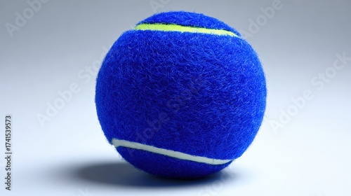 Vibrant blue tennis ball with yellow stripe on soft surface for sports and recreation imagery