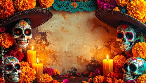 Marco fotográfico inspirado en la Calavera Catrina y el Día de los Muertos. Fondo con colores festivos y vibrantes. Decoraciones con flores de cempasúchil, velas, papel picado y calaveras estilizadas 