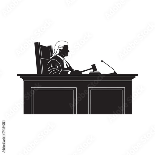 Black Silhouette Vector of Judge at Desk with Gavel and Microphone
