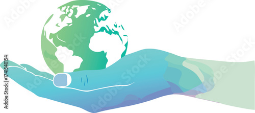 Hand Gently Holding a Green and Blue Globe with Gradient Colors earth world