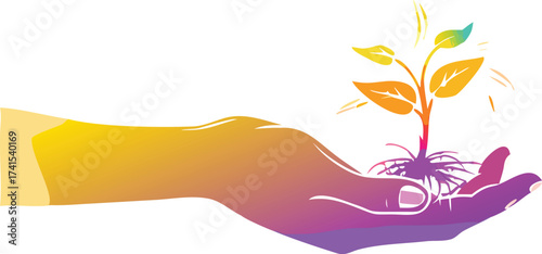 Hand Holding a Sprouting Plant with a Gradient Color Scheme growth seedling