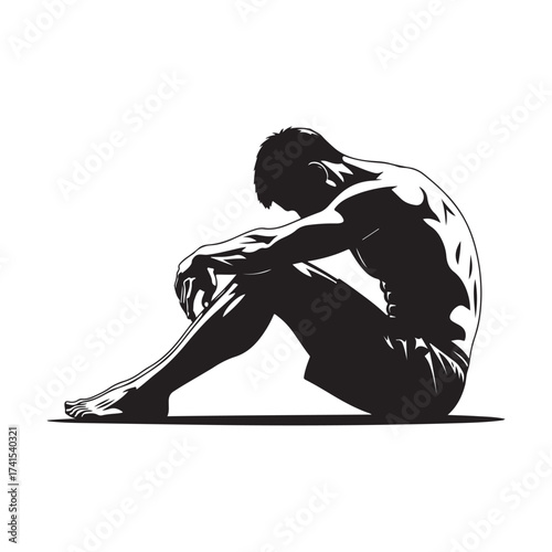 Graphic Black Silhouette Vector of Man Huddled with Head Down