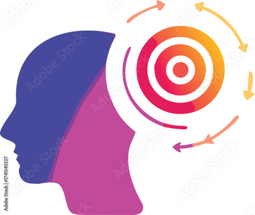 Profile Silhouette of a Head with Concentric Circles and Arrows mind brain