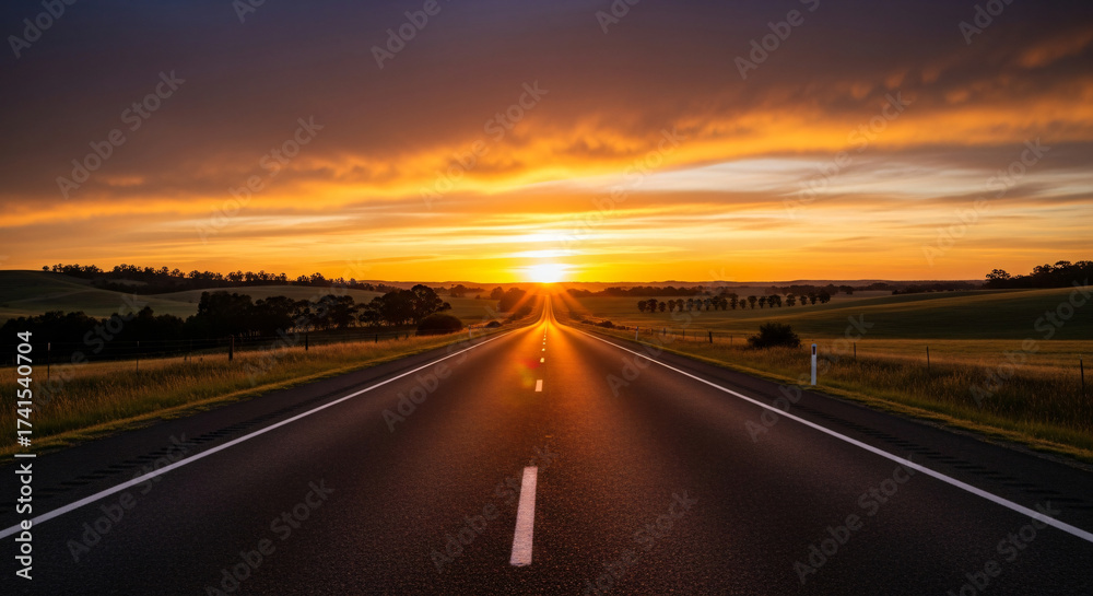 Naklejka premium Road extending towards setting sun at horizon
