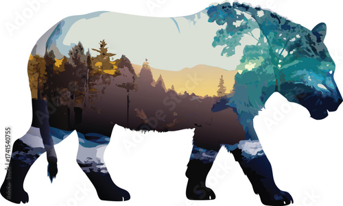 Tiger Silhouette with Forest Landscape Double Exposure animal wildlife