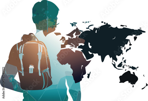 Traveler Silhouette with Backpack and World Map Overlay vector illustration
