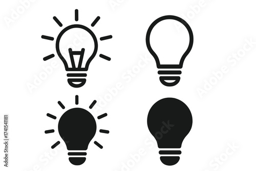 Light bulb icon set. Vector pictograph collection for idea, creativity, and innovation concepts. Includes shining and off, line and solid styles. Symbol of energy, solution, power.