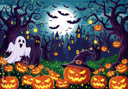 Spooky Halloween Night: Ghosts, Pumpkins, Bats, and Haunted Castle