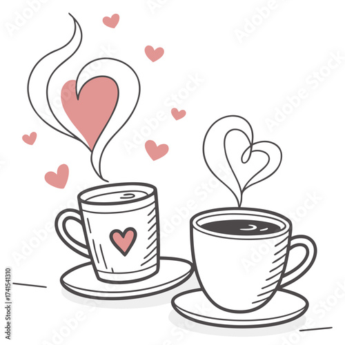 Two cups of coffee with heart-shaped steam and hearts