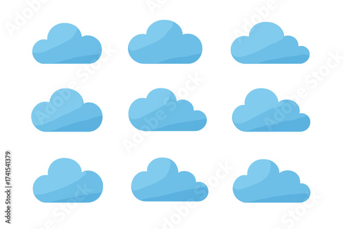 Set of blue cloud icons. Vector illustration collection. Simple flat cartoon graphic design elements for weather forecast or web interface. Sky symbol isolated on transparent background.