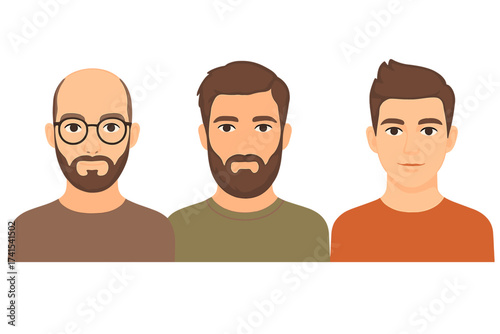 Men character creator set. Vector cartoon portraits. Bald man with glasses and beard. Guy with modern hairstyle. Different male appearances and haircuts. User avatar icons.