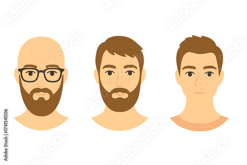 Man face construction set. Male character generator. Head icon collection for avatar. Bald man with glasses and beard. Bearded guy. Different hairstyles and appearance vector.
