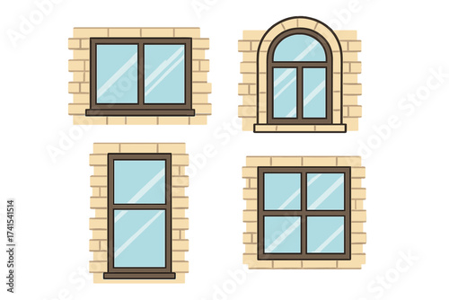 Vector illustration set of various window types in a brick wall. Collection of different architectural frames, arched and rectangular, for building exterior or house facade design.
