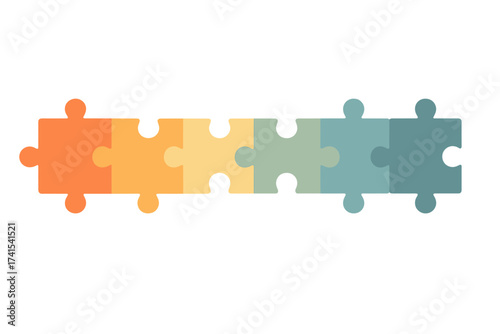 Jigsaw puzzle pieces in a row. Vector for business concept. Teamwork, strategy, partnership, solution. Infographic element for progress, steps, workflow, connection.
